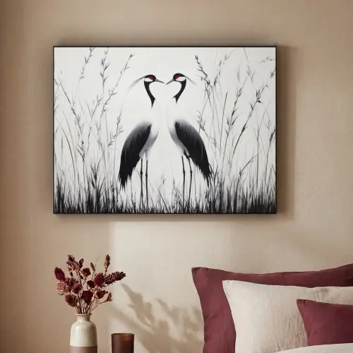 Kraanvogels - Gras - Hartvorm - Zwart Textielframe - compleet frame klein -sfeer1
