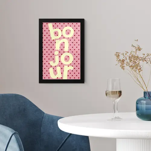 Bonjour - Stippen - Roze- Geel fotolijst zwart zonder passe partout klein -sfeer4