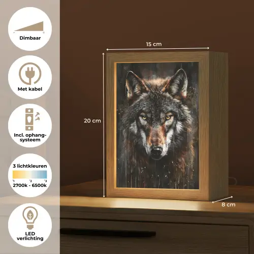 Dieren - Wolf - Portret - Zwart - Bruin Light Box met kabel (Tafellamp) klein -USP_NL