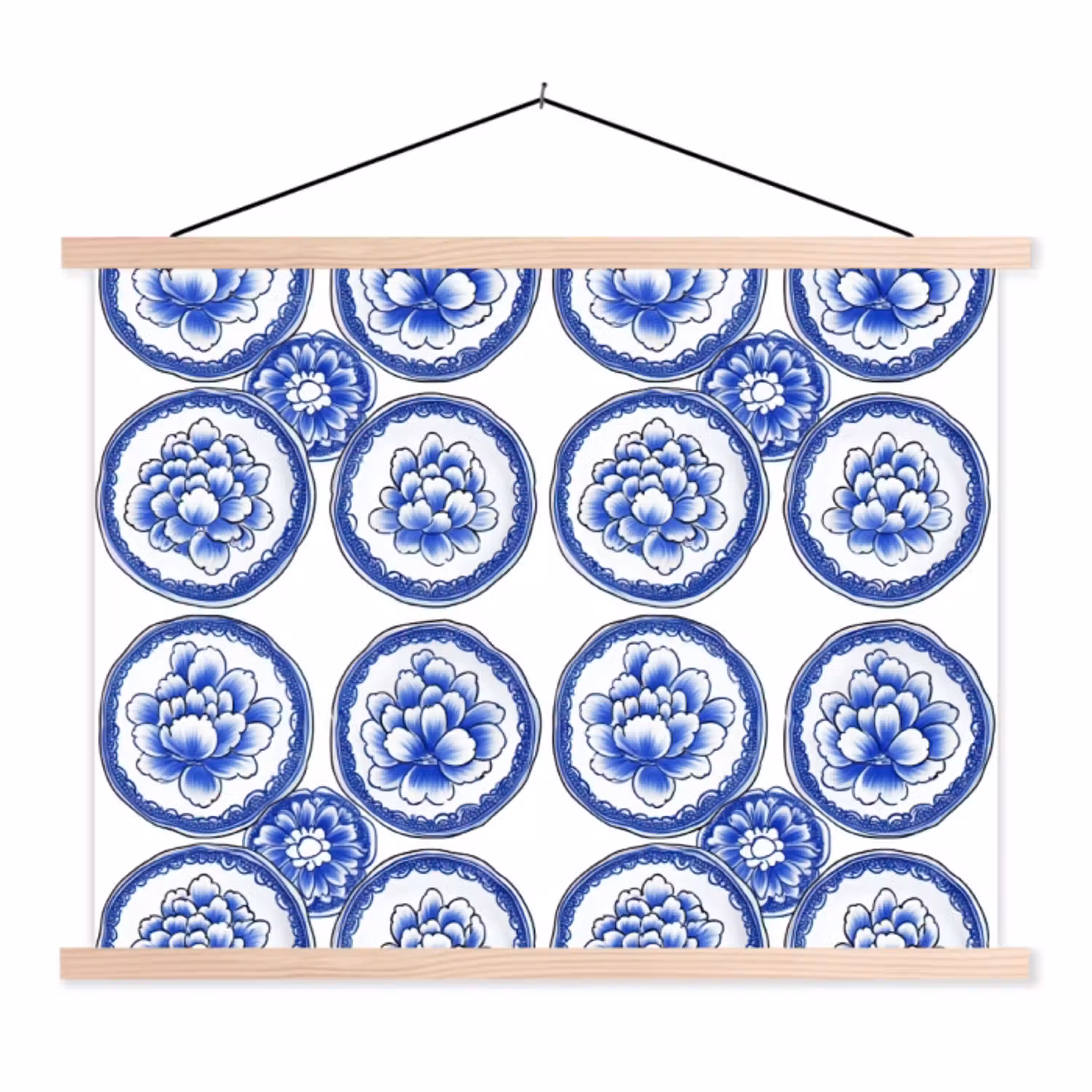 Cirkels - Bloemen - Blauw textielposter latten blank klein 122 -3d
