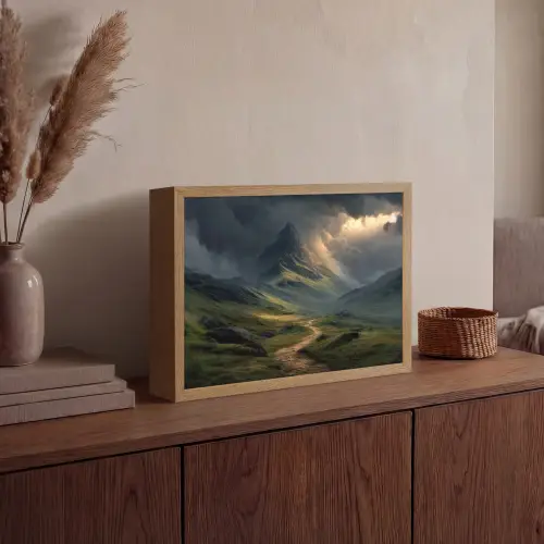 Bergen - Kronkelpad - Groen - Wolken Light Box met batterij (Wandlamp) middel -sfeer2