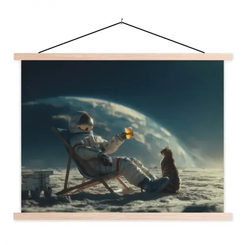 Astronaut - Kat - Glas - Stoel textielposter latten blank klein -3d