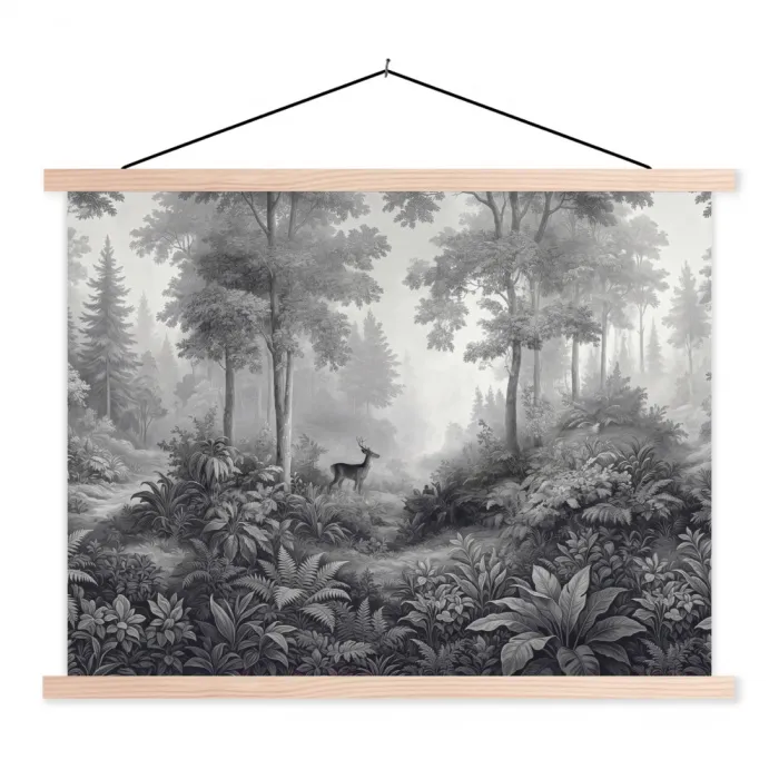 Bos - Hert - Zwart - Wit textielposter latten blank klein -3d