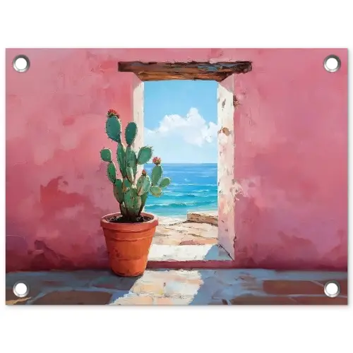 Zee - Roze - Cactus tuinposter los doek klein -3d