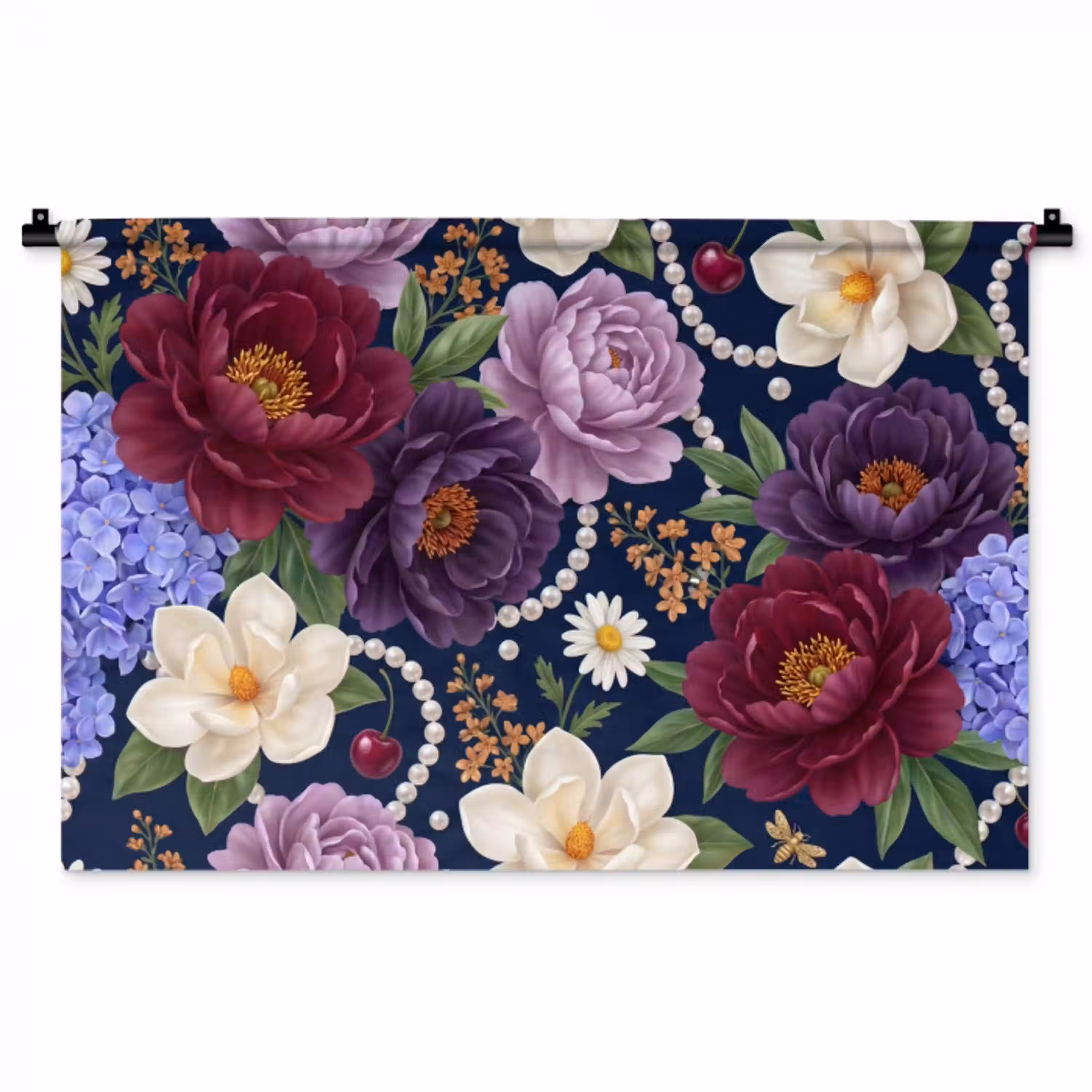 Bloemen - Parels - Decoratie - Modern - Blauw Wandkleed katoen middel -zz3d