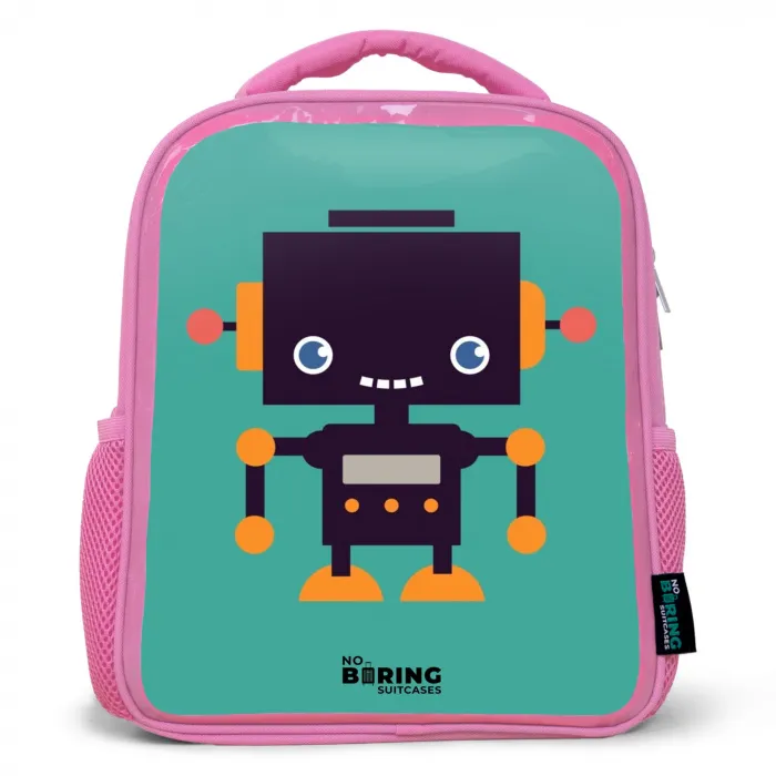 Zwarte robot met oranje accenten op een blauwe achtergrond Kinderrugzak - Roze middel -3d