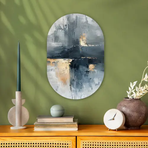 Kunst - Grijs - Goud - Abstract Wandcirkel Ovaal Forex klein -sfeer2