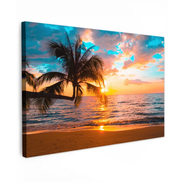 Palm - Zonsondergang - Horizon - Strand - Zee - Tropisch Tuinposter op houten frame 2 cm dik klein -3d