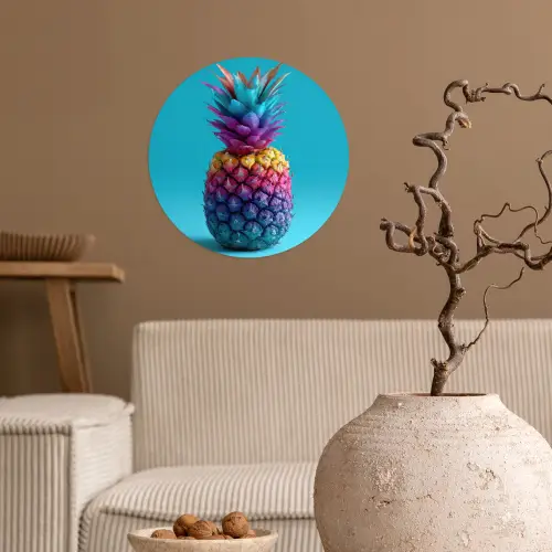 Ananas - Regenboog - Blauw - Popart Wandcirkel behangsticker klein -sfeer1