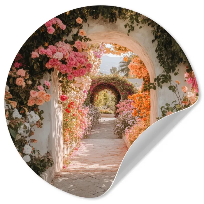 Doorkijk - Boog - Bloemen - Pastel Wandcirkel behangsticker klein -3d