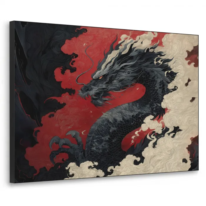 Zwarte draak - Rookwolken - Rood Textielframe zwart klein -3d
