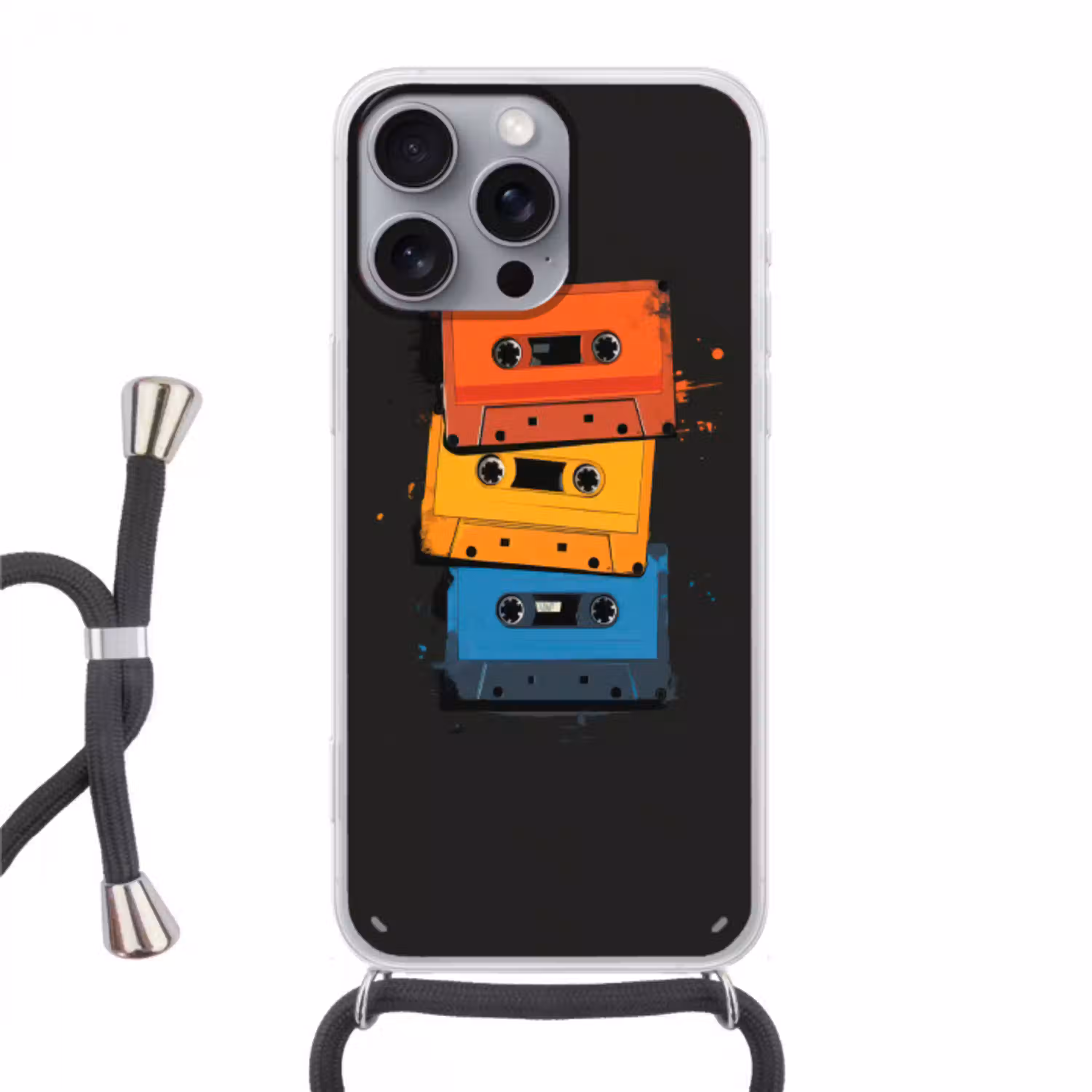 Cassettes - Kleurrijk - Verfspatten Hoesje iPhone 16 Pro Max met koord klein -3d