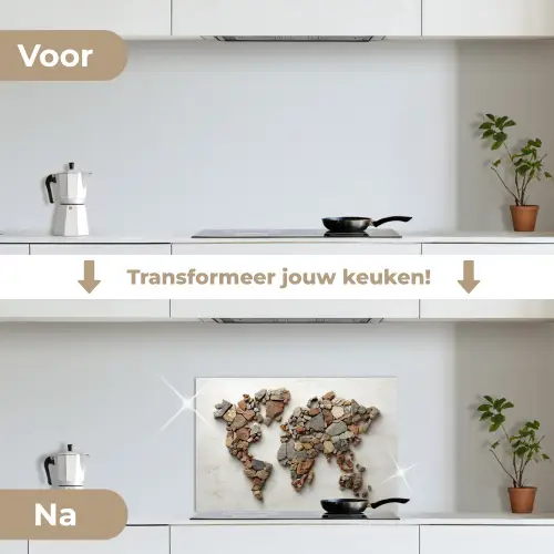 Wereldkaart - Stenen - Wit keuken achterwand spatscherm klein -voor_na_NL
