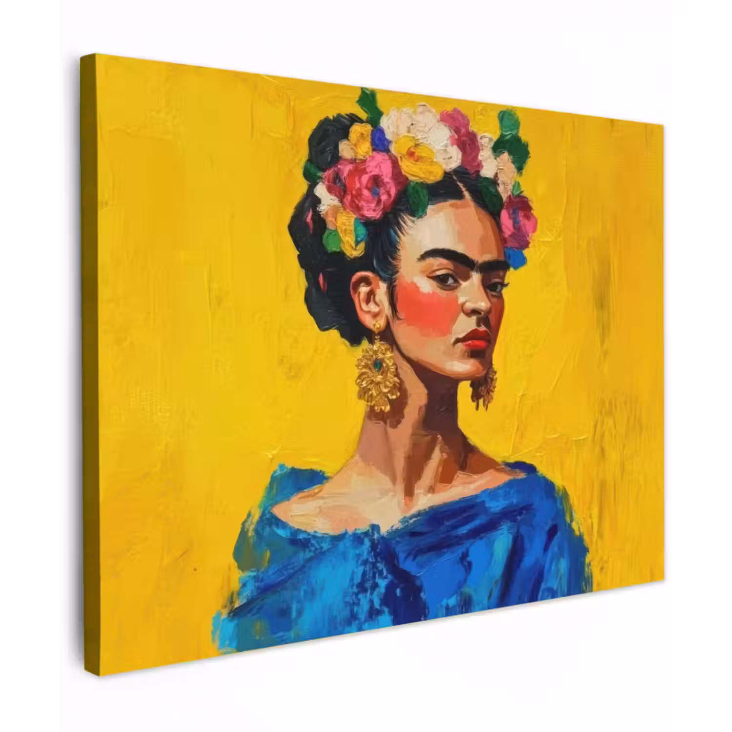 Leinwandbild - Frida Kahlo - Frau - Gelb - Blau - Blumen