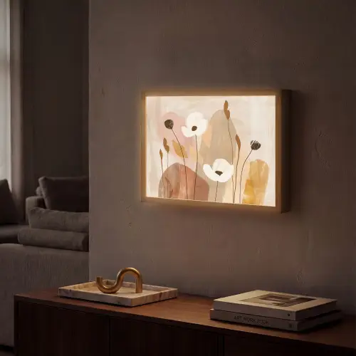 Bloemen - Abstract - Beige - Line art Light Box met batterij (Wandlamp) middel -sfeer1
