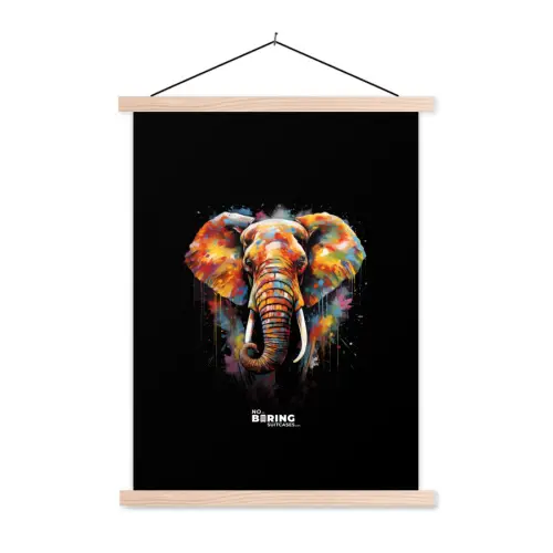 Olifant versierd met kleurrijke spetters textielposter latten blank klein -3d