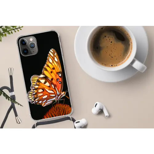 Vlinder - Bloemen - Insect - Portret - Zwart - Oranje Hoesje iPhone 12 Pro met koord klein -oordop