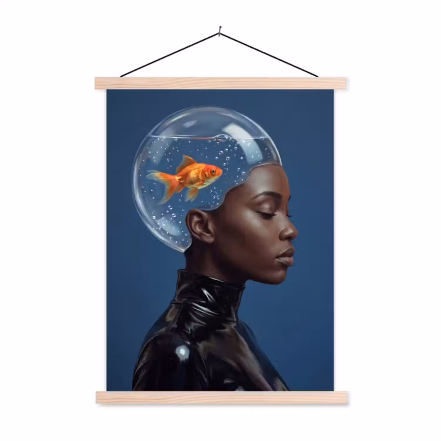 Stoffbild - Frau – Goldfisch – Kopf – Abstrakt – Blau