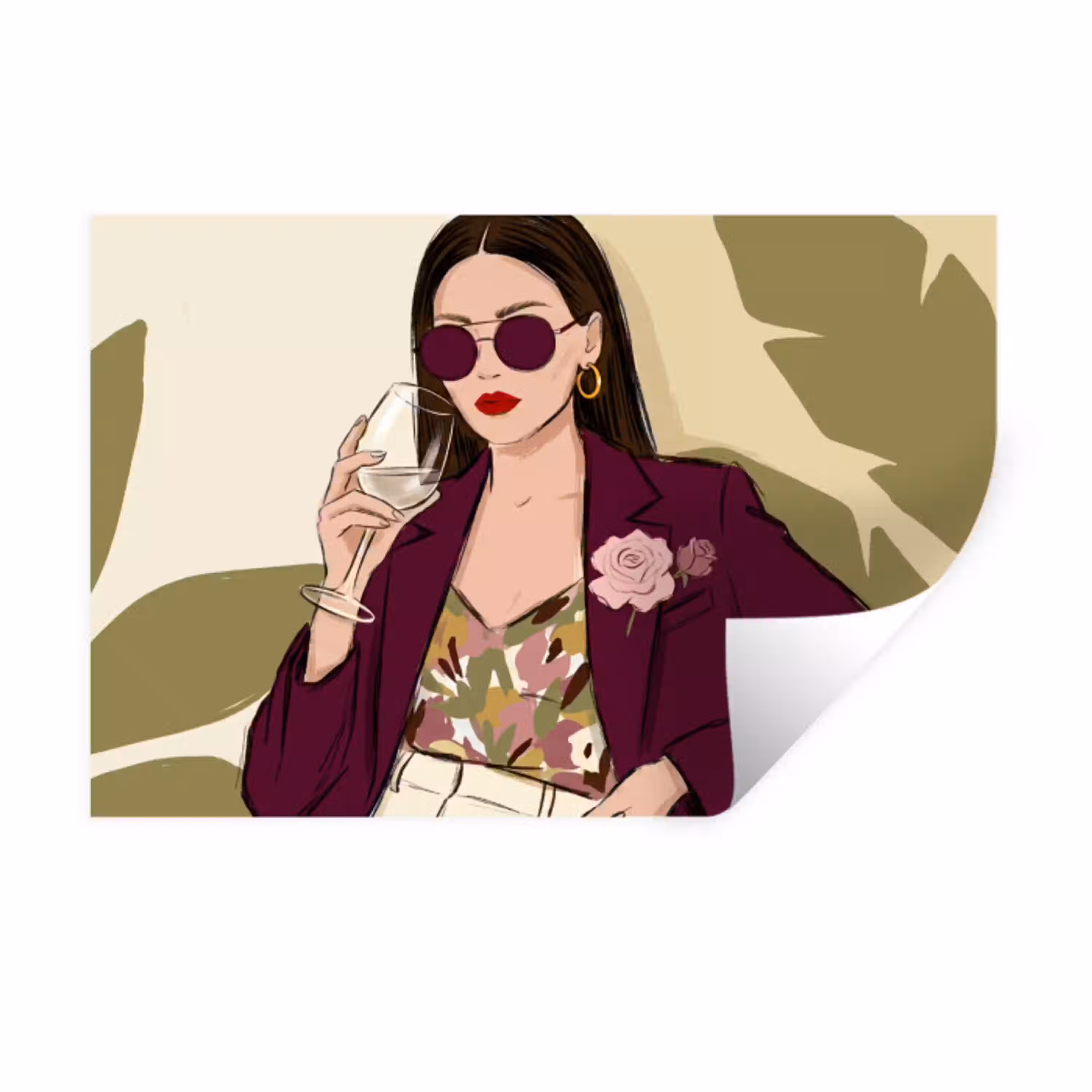 Vrouw - Wijn - Portret - Mode - Modern Muursticker klein -3d