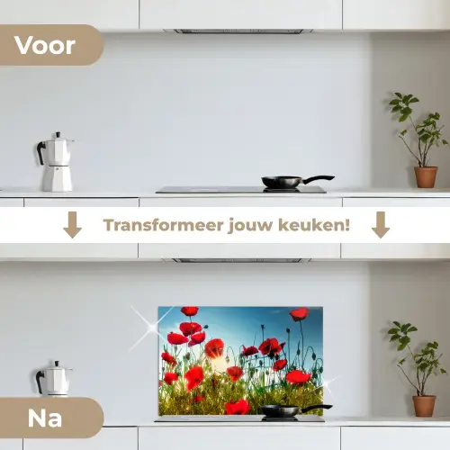 Klaprozen - Toscane - Zon - Rood - Blauw keuken achterwand spatscherm klein -voor_na_NL