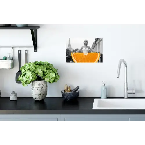 Sinaasappel - Eiffeltoren - Vrouw Muursticker klein -keuken