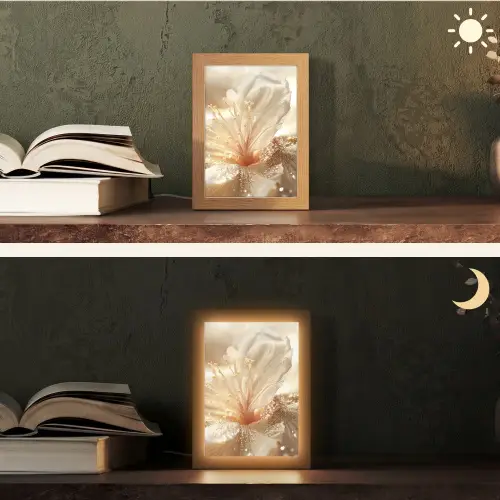 Bloem - Wit - Glitter - Goud - Modern Light Box met kabel (Tafellamp) klein -sfeer3