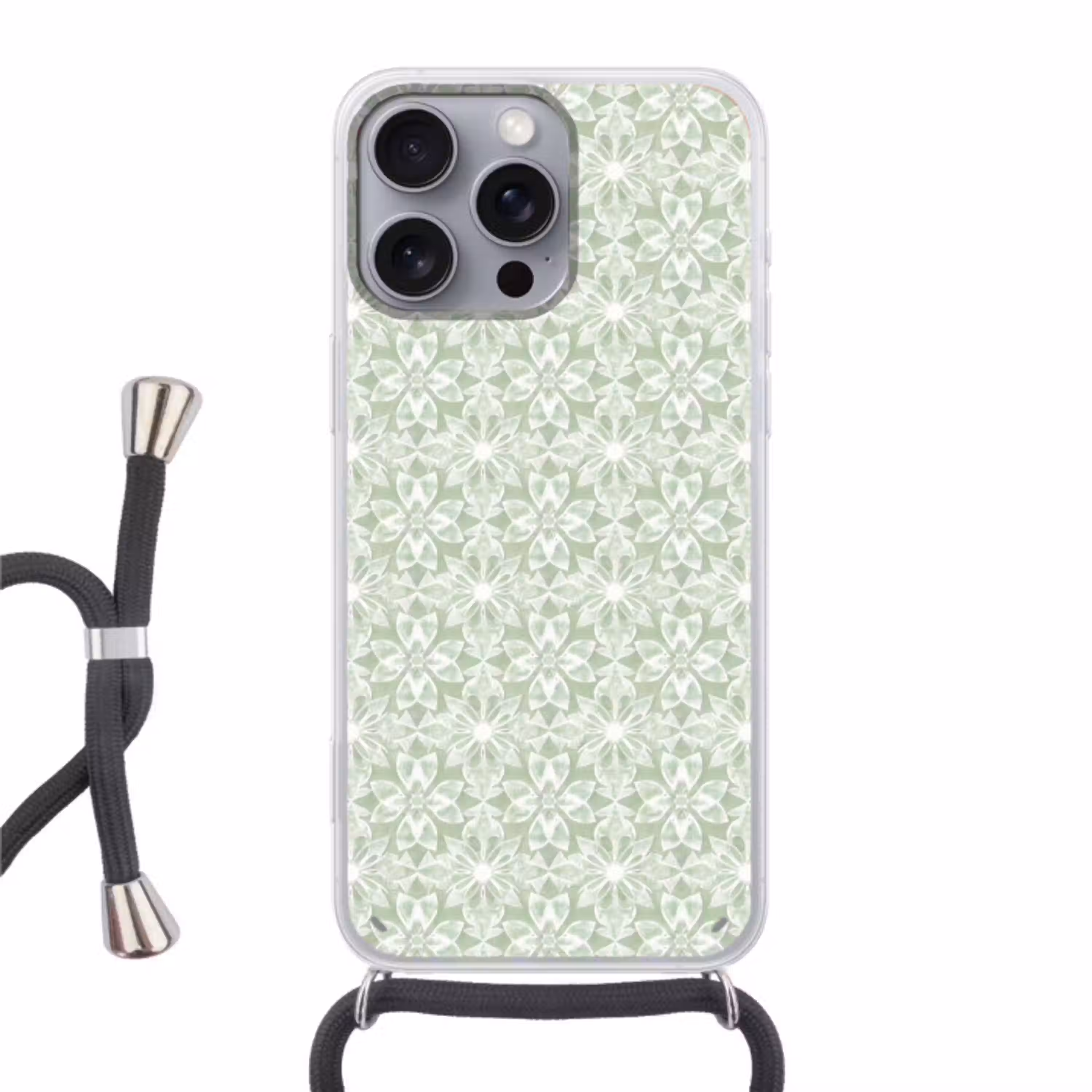 Saliegroen - Symmetrisch - Mandala - Ornament - Patroon Hoesje iPhone 16 Pro Max met koord klein 804 -3d