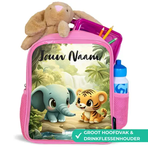 Olifant - Tijger - Bos - Jungle Kinderrugzak - Roze middel -inhoud_NL