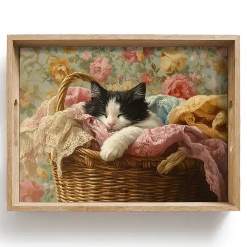 Kat - Bloemenprint - Rieten mand Dienblad Rechthoek middel -z3d_shopping