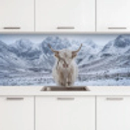 Schotse Hooglander - Sneeuw - Bergen - Winter keuken achterwand 2 middel -3d
