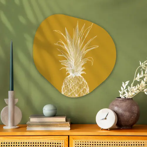 Lijnillustratie - Ananas - Bladkroon - Okergeel Wandcirkel Organisch Plexiglas middel -sfeer2