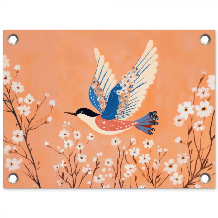 Vogel - Bloesemtakken - Warm - Kleurrijk tuinposter los doek klein -3d