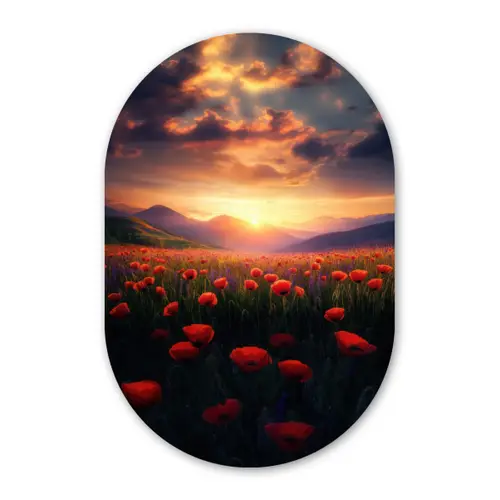 Landschap - Zonsondergang - Bloemenveld Wandcirkel Ovaal Glas middel -3d