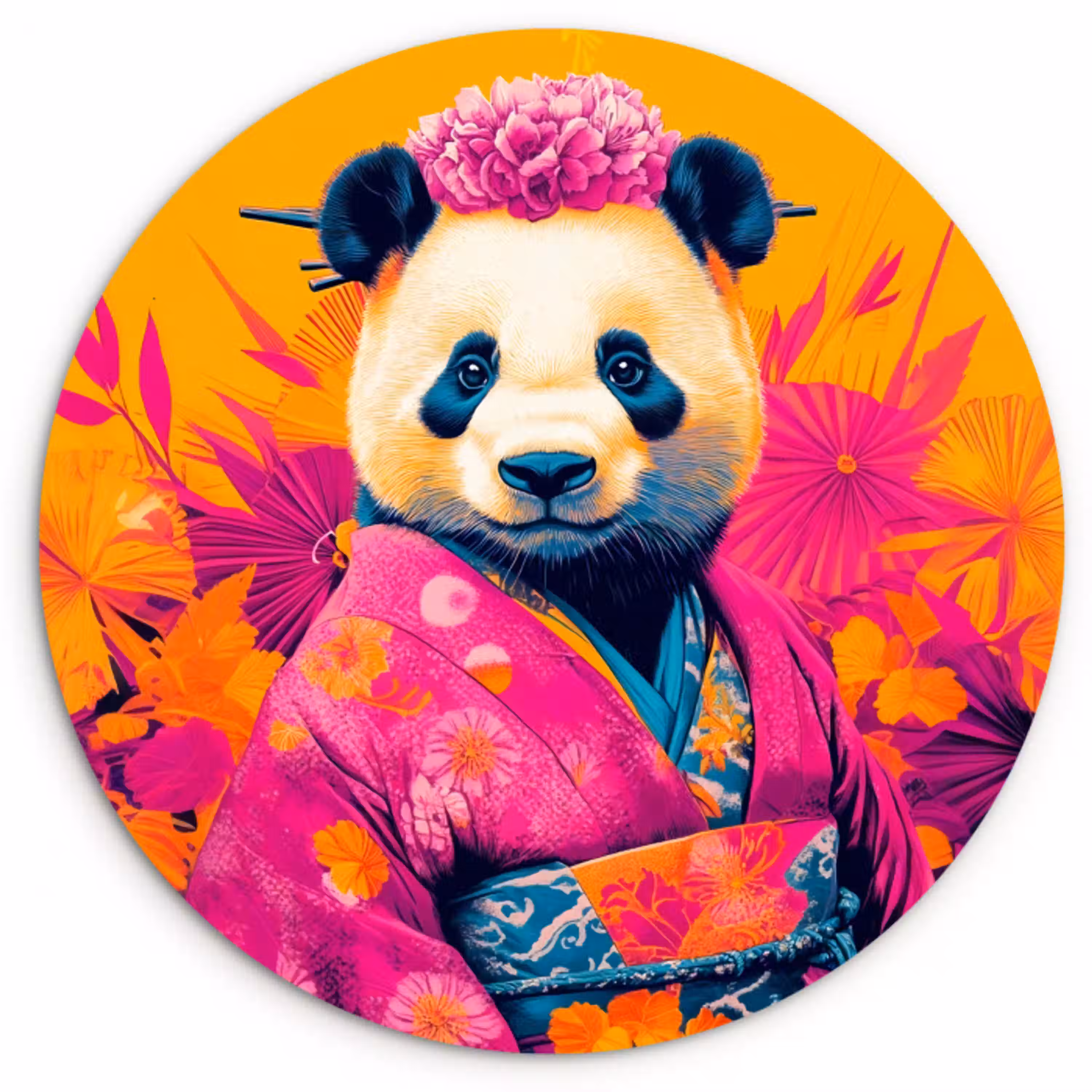 Kimono - Roze - Panda - Bloemenkroon Wandcirkel kunststof plaat 5mm dik klein -3d
