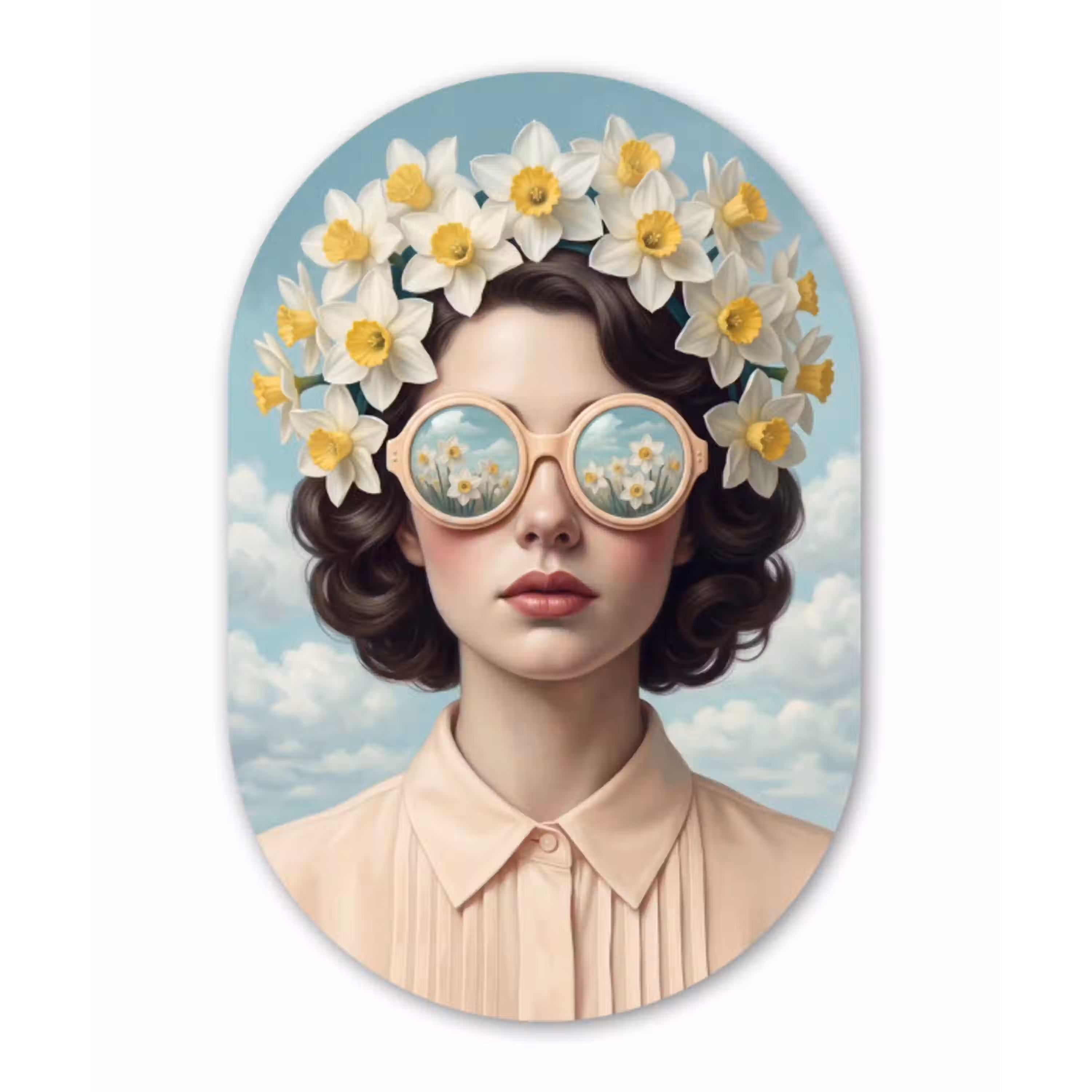 Vrouw - Narcissen - Geel Wandcirkel Ovaal Aluminium middel -3d