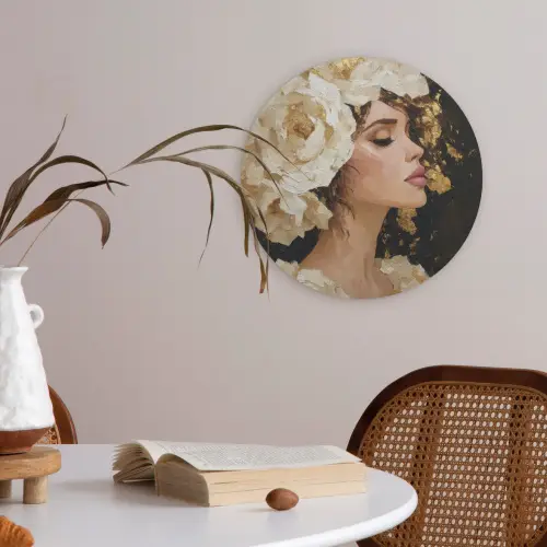 Abstract - Vrouw - Bloemen - Wit Akoestische PET Vilt - Rond klein -sfeer3