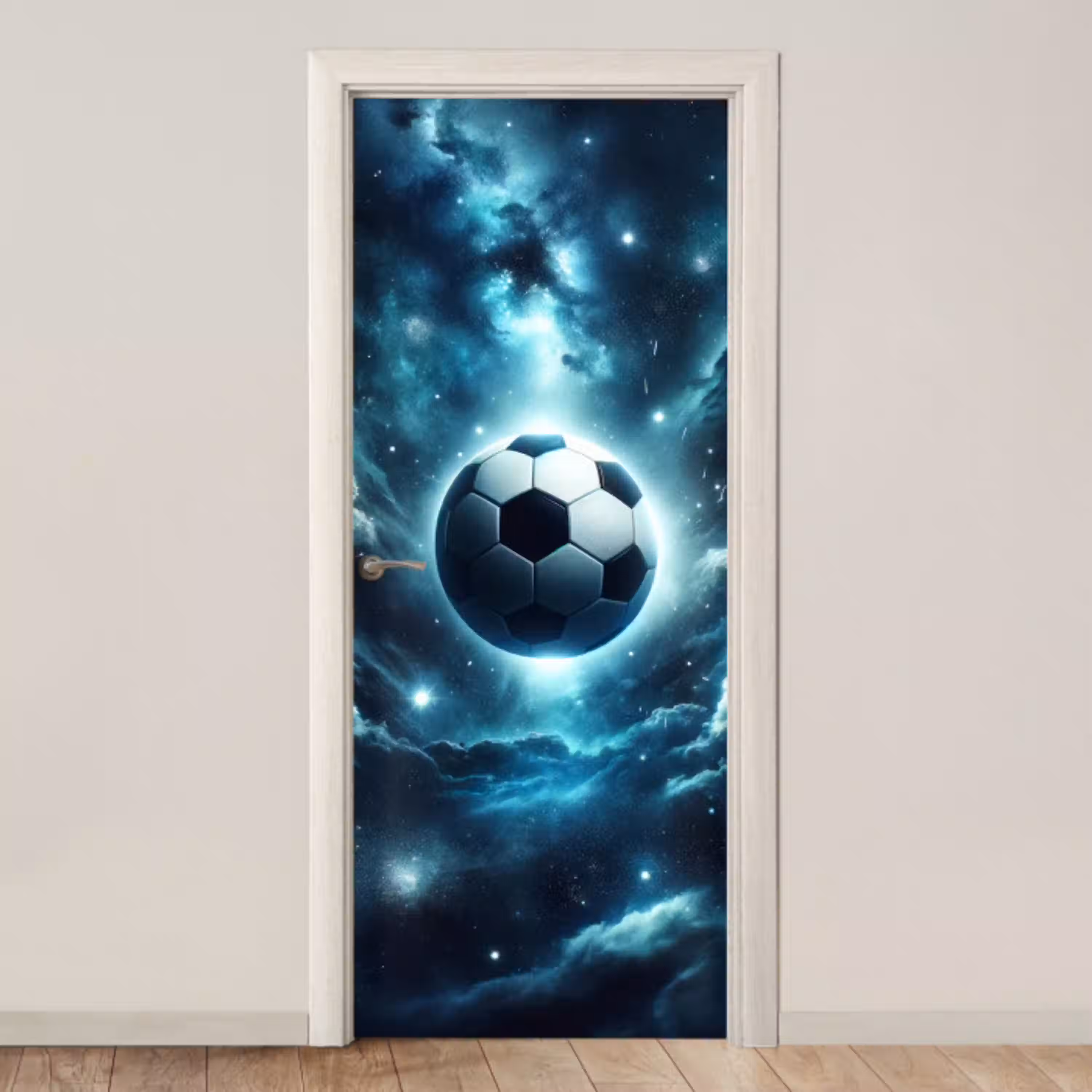 Voetbal - Galaxy - Ruimte - Sport - Blauw deurposter klein -3d_beige