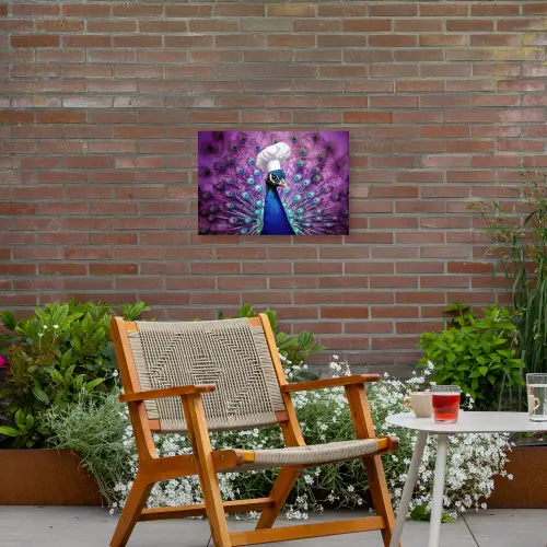 Pauw - Koksmuts - Cool - Paars Tuinposter op houten frame 2 cm dik klein -sfeer3