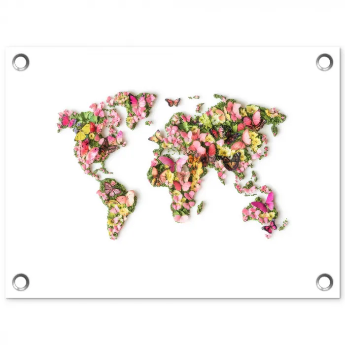 Wereldkaart - Bloemen - Felgekleurd tuinposter los doek klein -3d