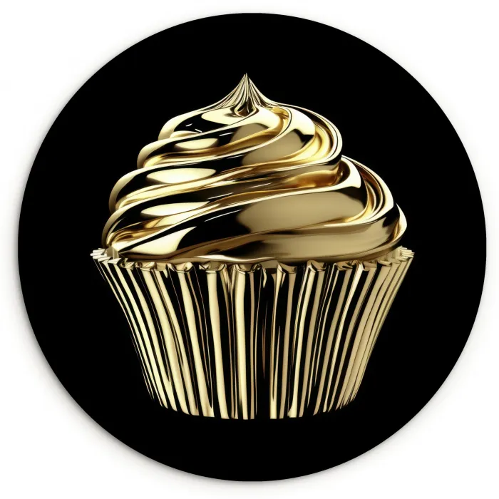 Cupcake - Eten - Goud - Zwart Wandcirkel kunststof plaat 5mm dik klein -3d