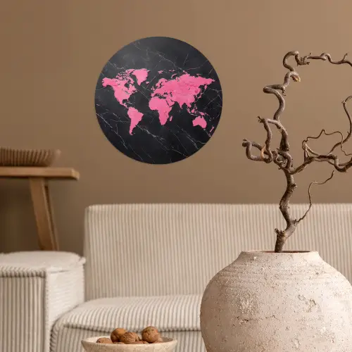 Wereldkaart - Roze - Marmer Wandcirkel behangsticker klein -sfeer1
