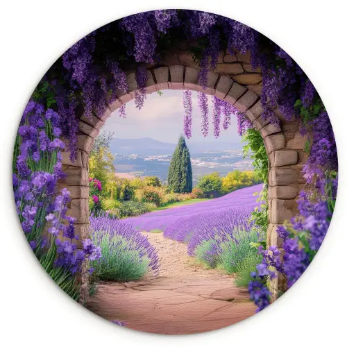 Doorkijk - Lavendel - Bloemen - Paars - Poort Wandcirkel kunststof plaat 5mm dik klein -3d