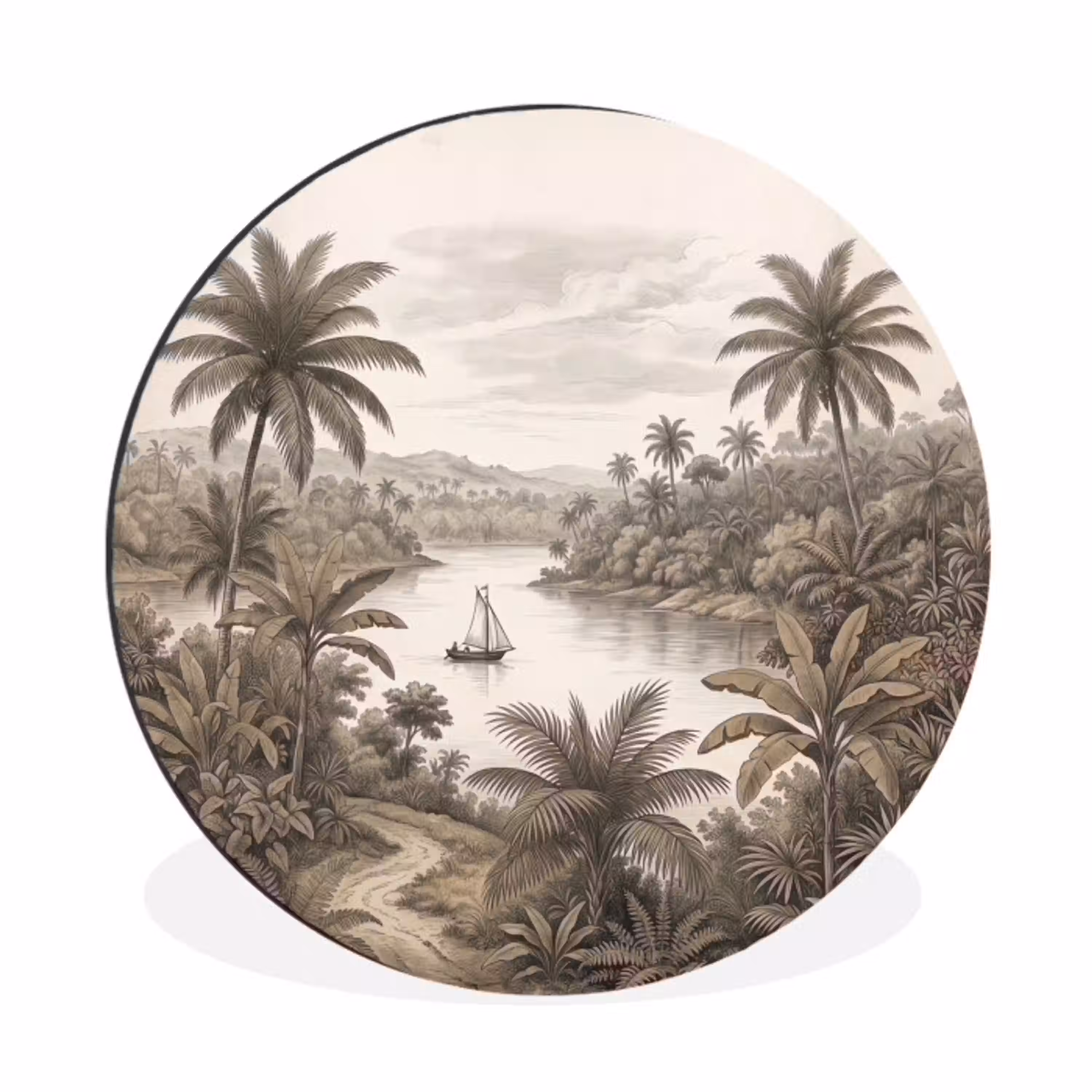 Landschap - Rivier - Boot - Tropisch - Vintage Wandcirkel aluminium klein -3d