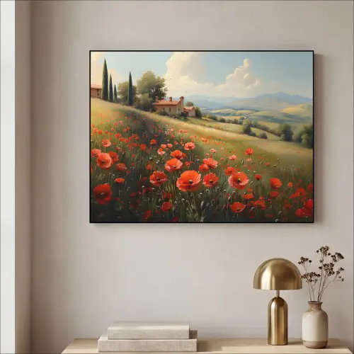 Klaprozen - Rood - Heuvels - Landschap Textielframe - compleet frame klein -sfeer2