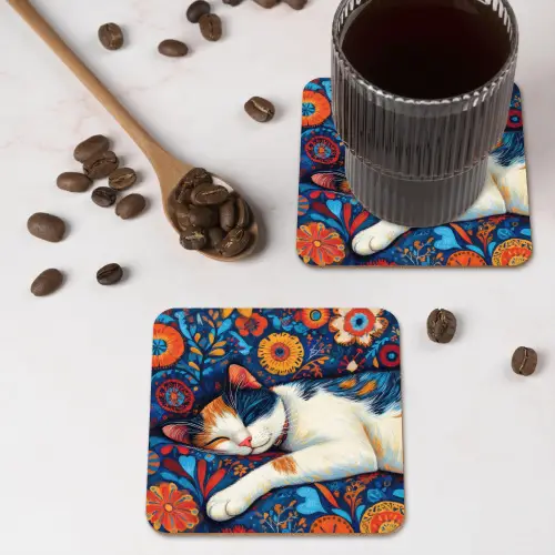 Kat - Bloemenpatroon - Blauw - Oranje onderzetter kurk middel -sfeer2