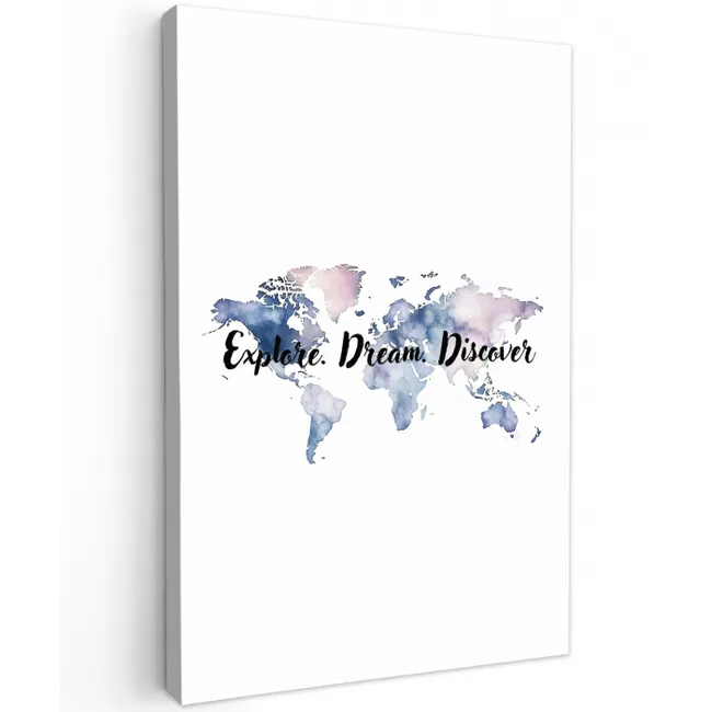 Quote - Wereldkaart - Explore - Aquarel Tuinposter op houten frame 2 cm dik middel -3d