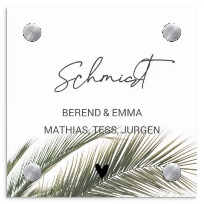 Wit met palmblad - Sierlijk Naambord Vierkant klein -3d