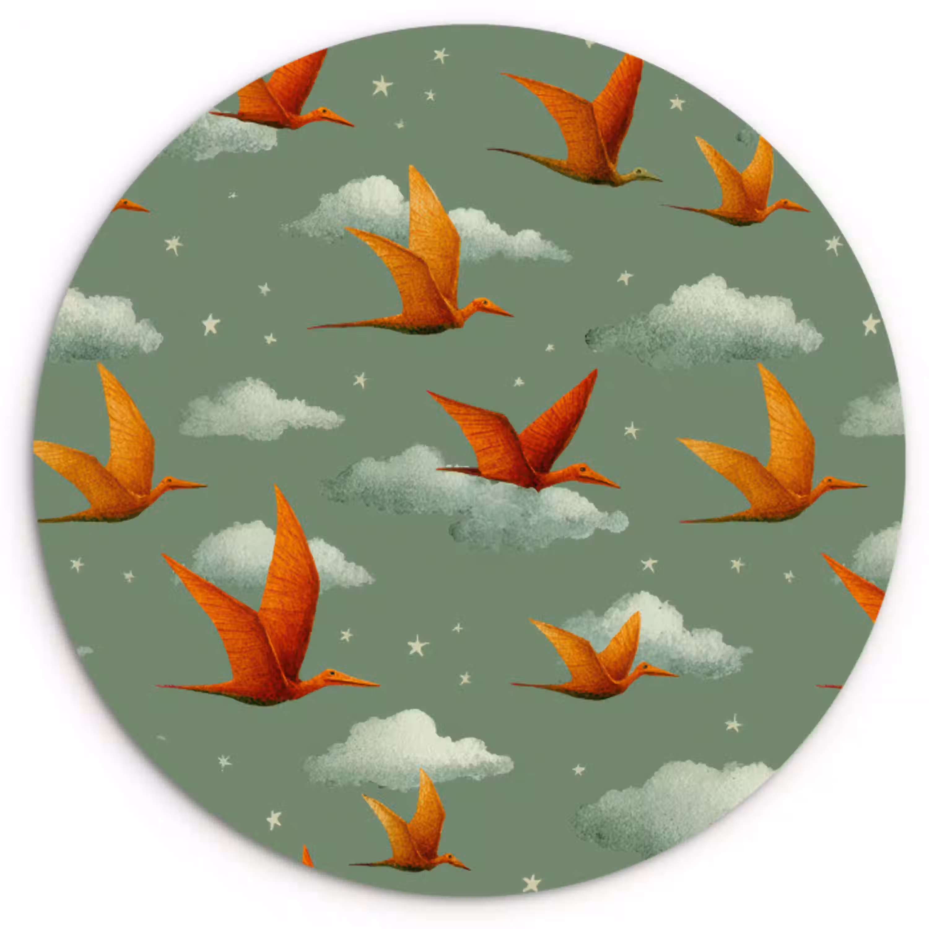 Dinosaurussen - Wolken - Sterren - Oranje Wandcirkel kunststof plaat 5mm dik klein -3d