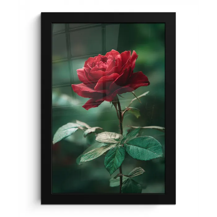 Roos - Bladeren - Dieprood fotolijst zwart zonder passe partout klein -3d