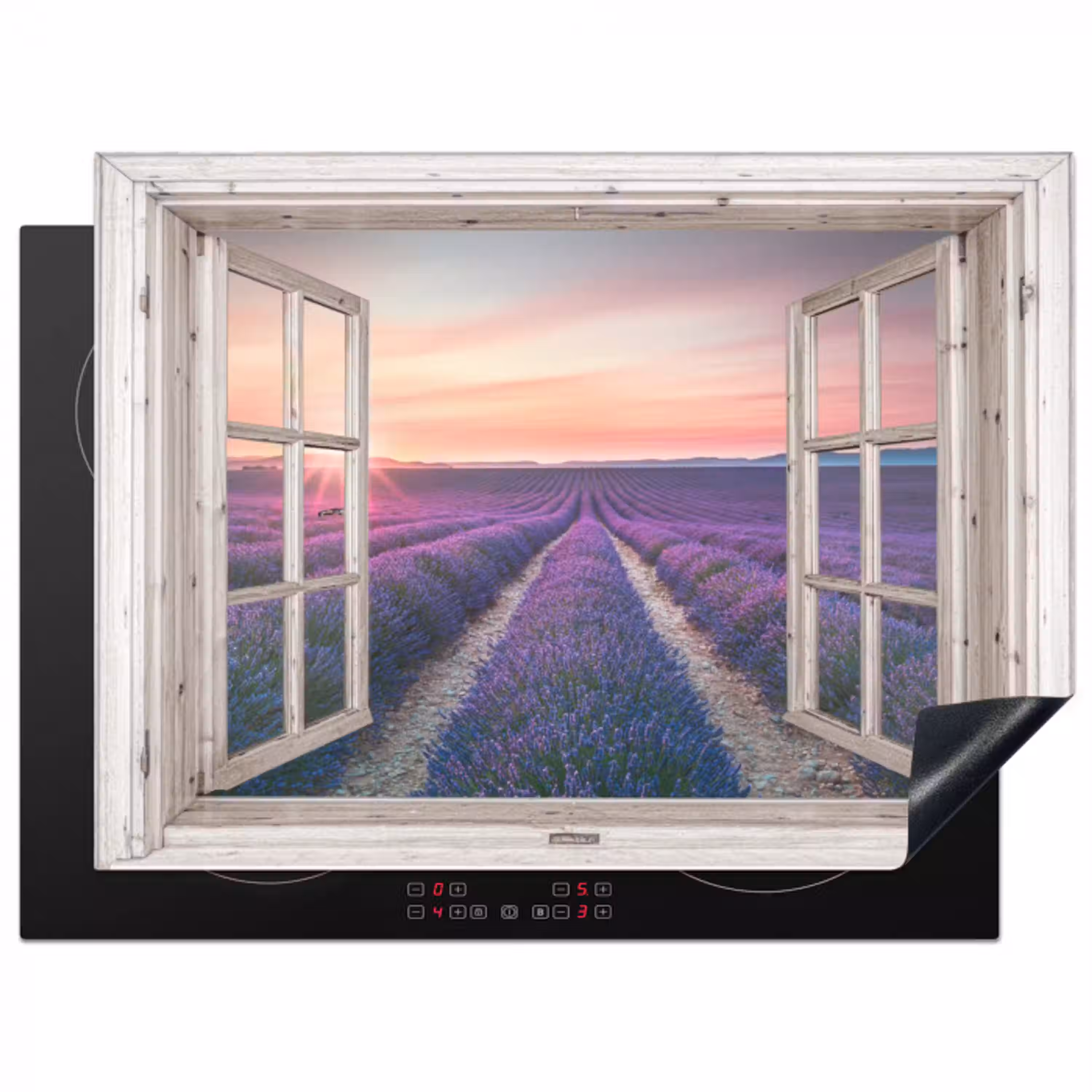 Doorkijk - Lavendel - Bloemen - Hout - Zonsondergang - Paars Inductie beschermer vinyl 3mm klein -3d